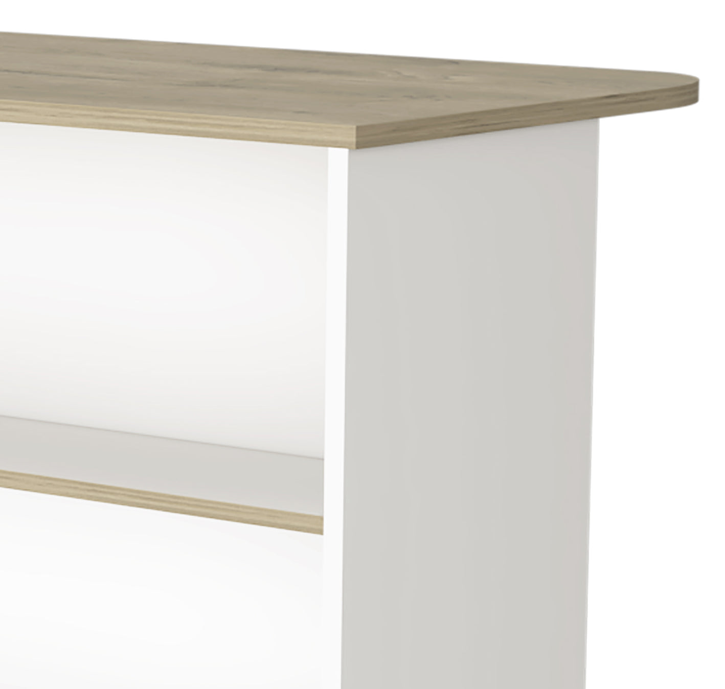 Modern white console table with light oak laminate top and open shelf