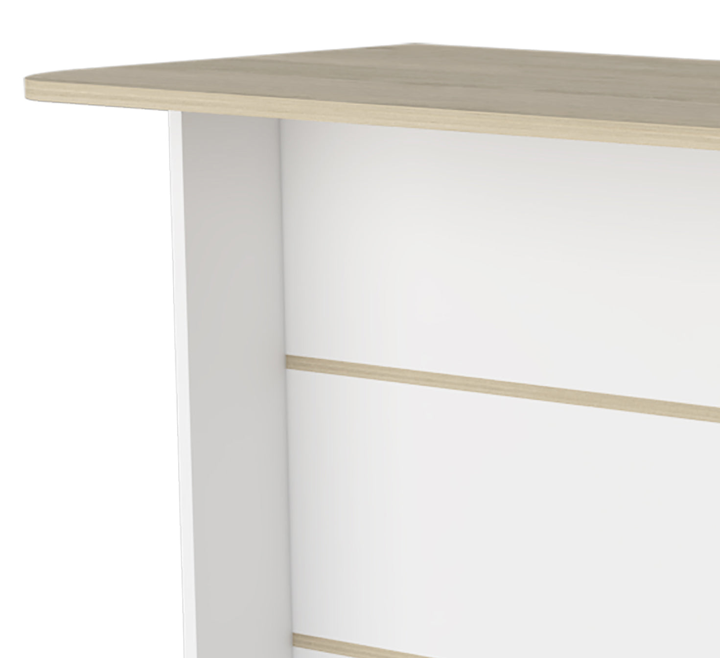 Closeup of a modern white shelving unit with a light wood laminate top shelf