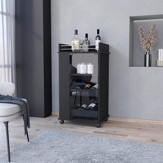 Black wooden bar cart with glass doors holding wine bottles and canisters
