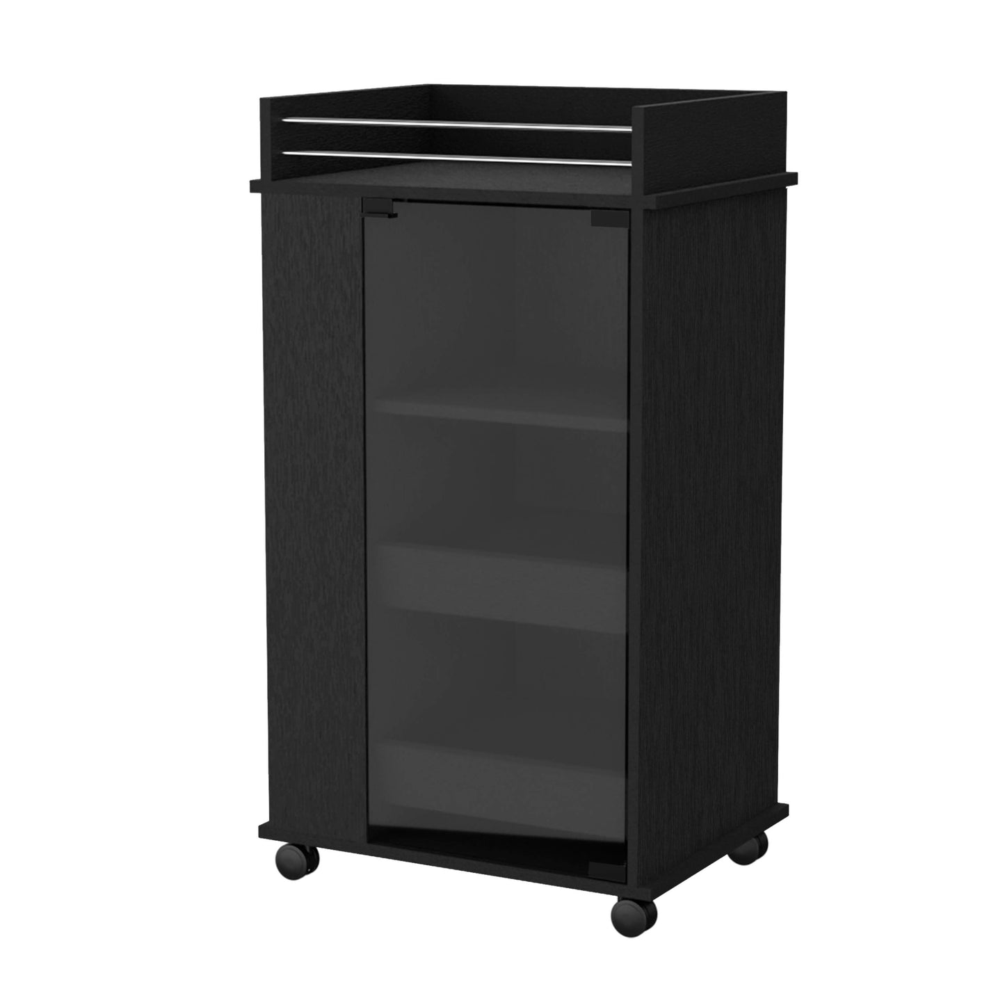 Sleek black accent cabinet with a glass door and silver accents perfect for modern storage