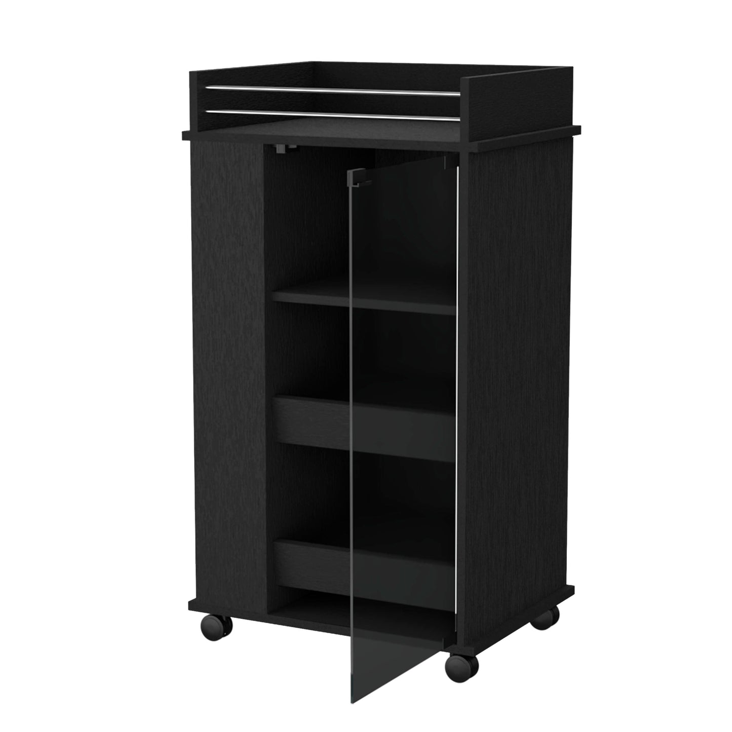 Modern black rolling storage cabinet with glass door and open shelves