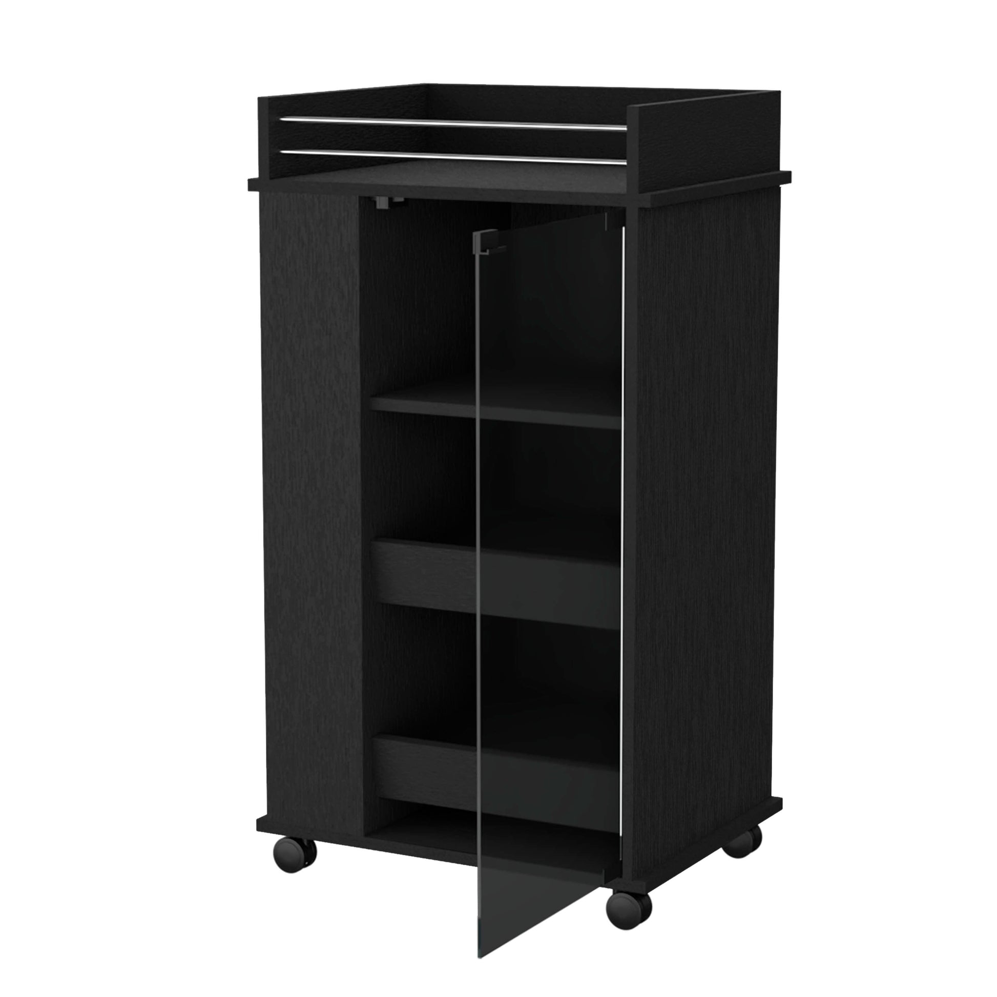 Modern black rolling storage cabinet with glass door and open shelves