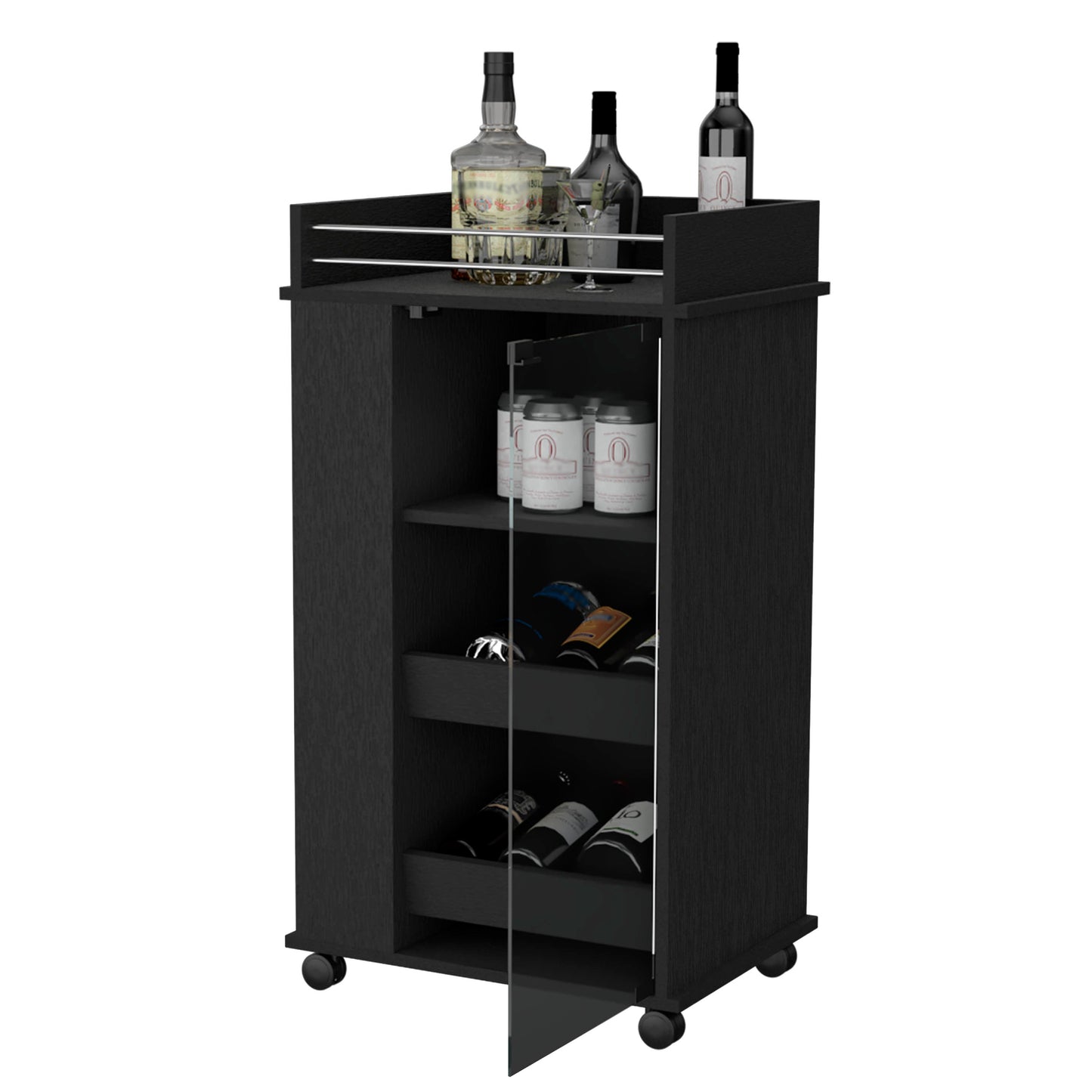 Dark wood bar cart with glass door  wheels and top shelf displaying bottles and glassware