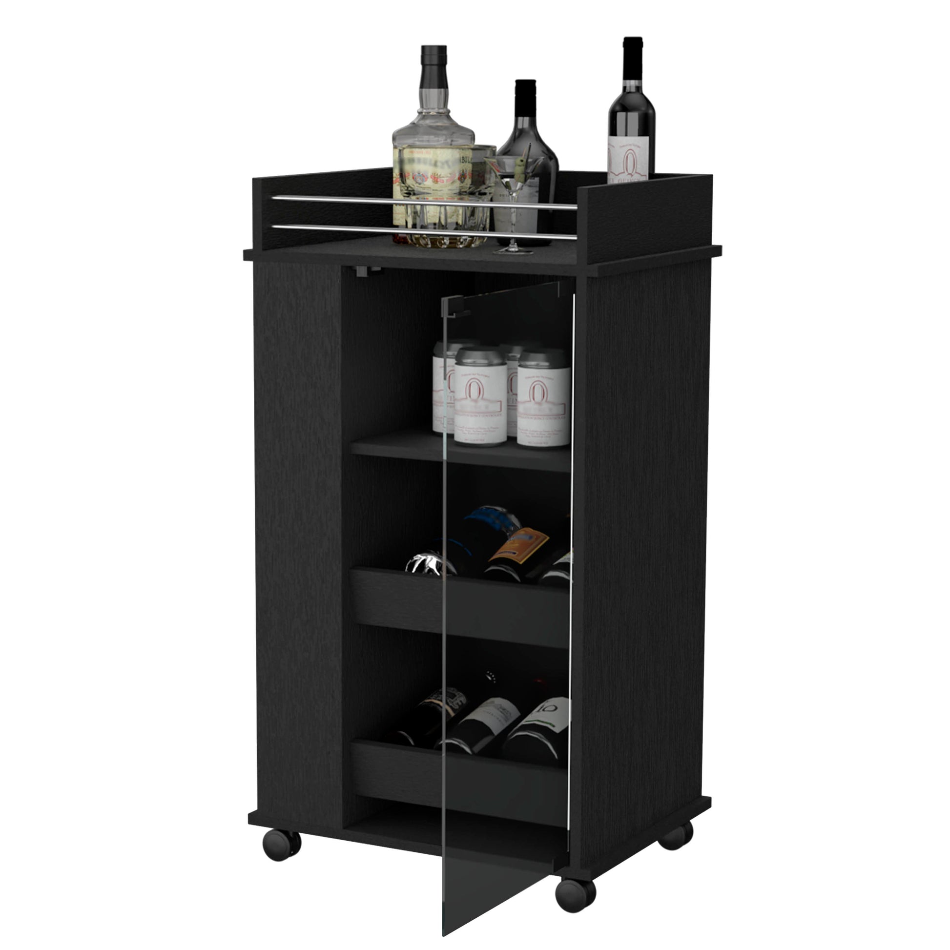 Dark wood bar cart with glass door  wheels and top shelf displaying bottles and glassware