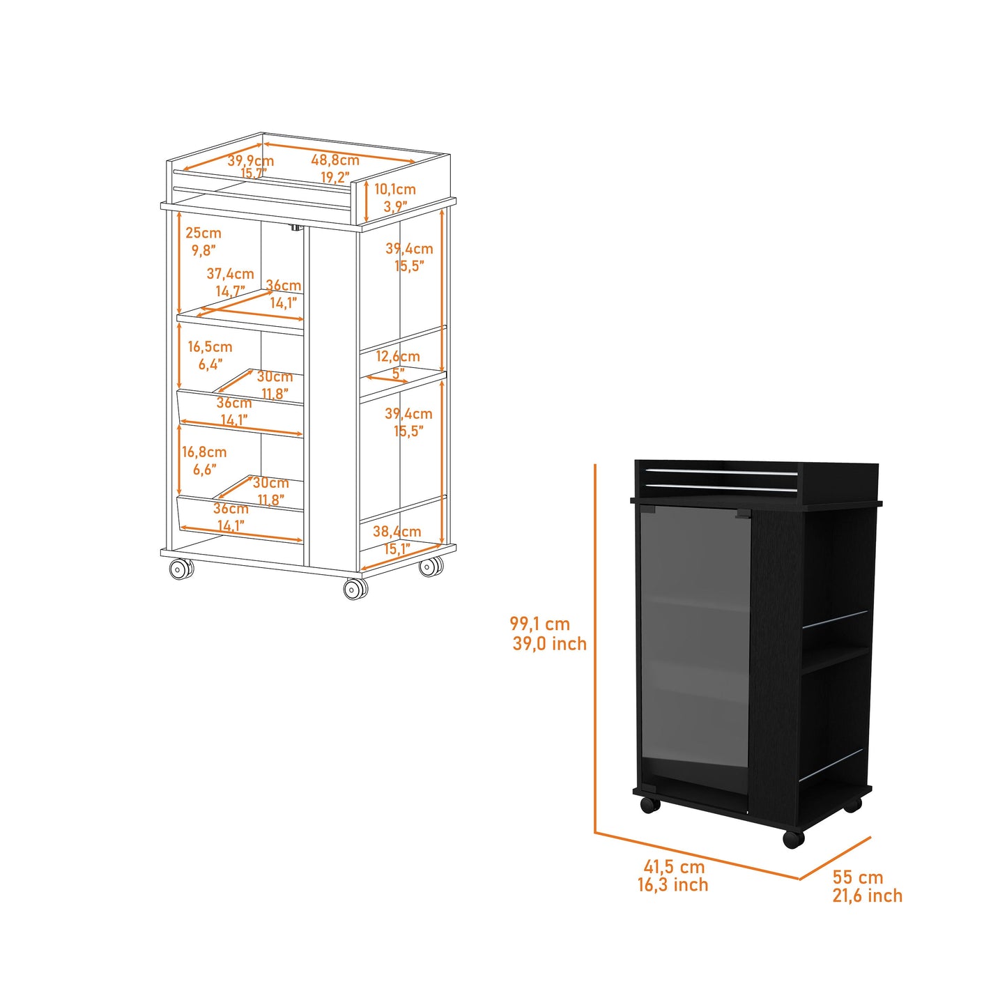 Black rolling storage cabinet with glass door and open shelves  inches tall