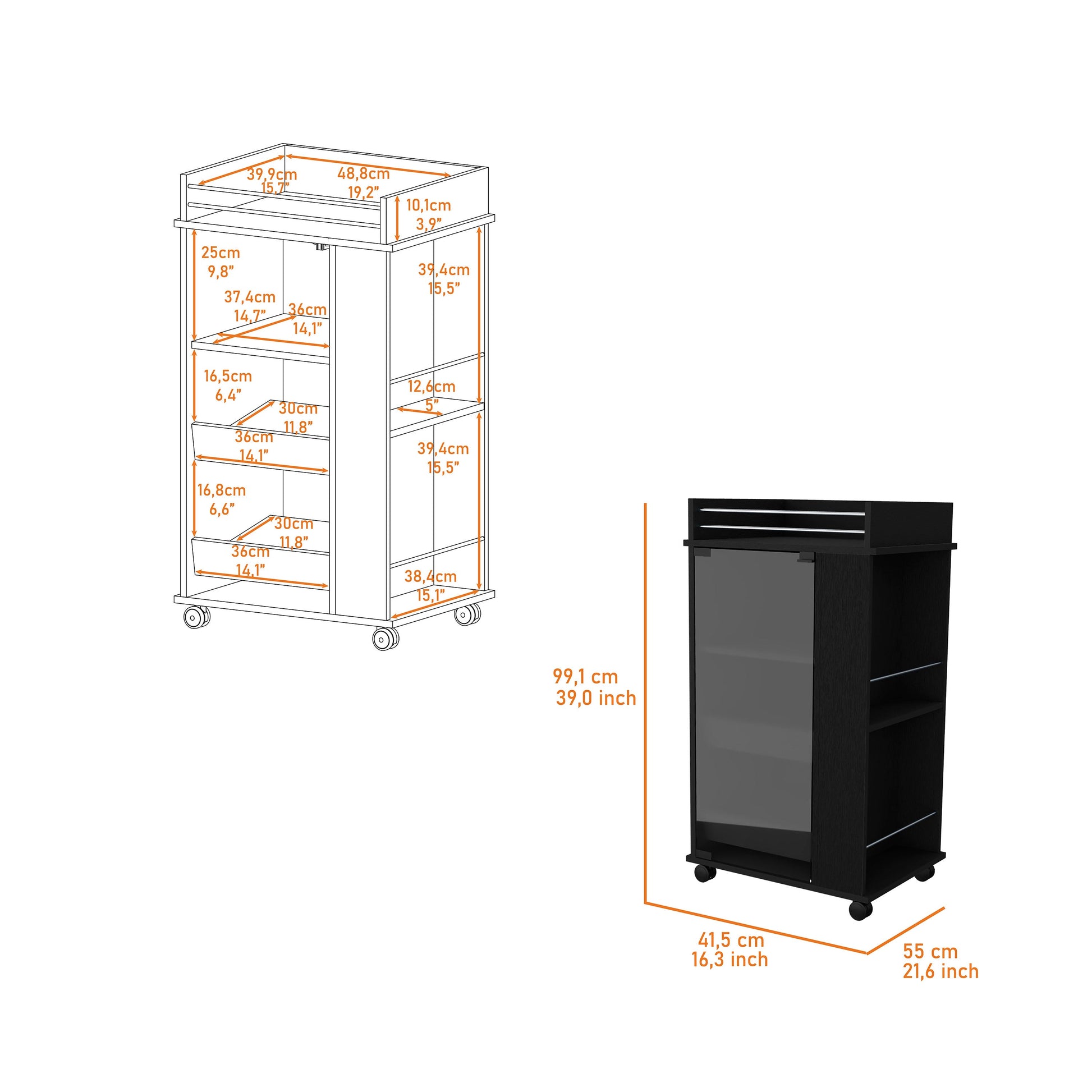 Black rolling storage cabinet with glass door and open shelves  inches tall