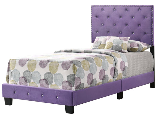 Purple velvet twin bed with diamond tufting and crystal accents