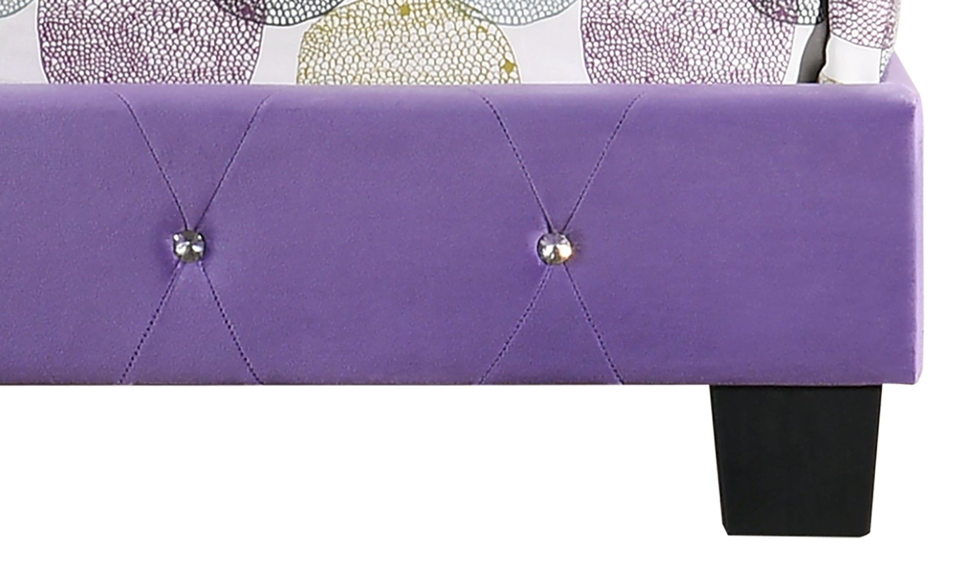 Purple velvet tufted bed frame with crystal details and black legs