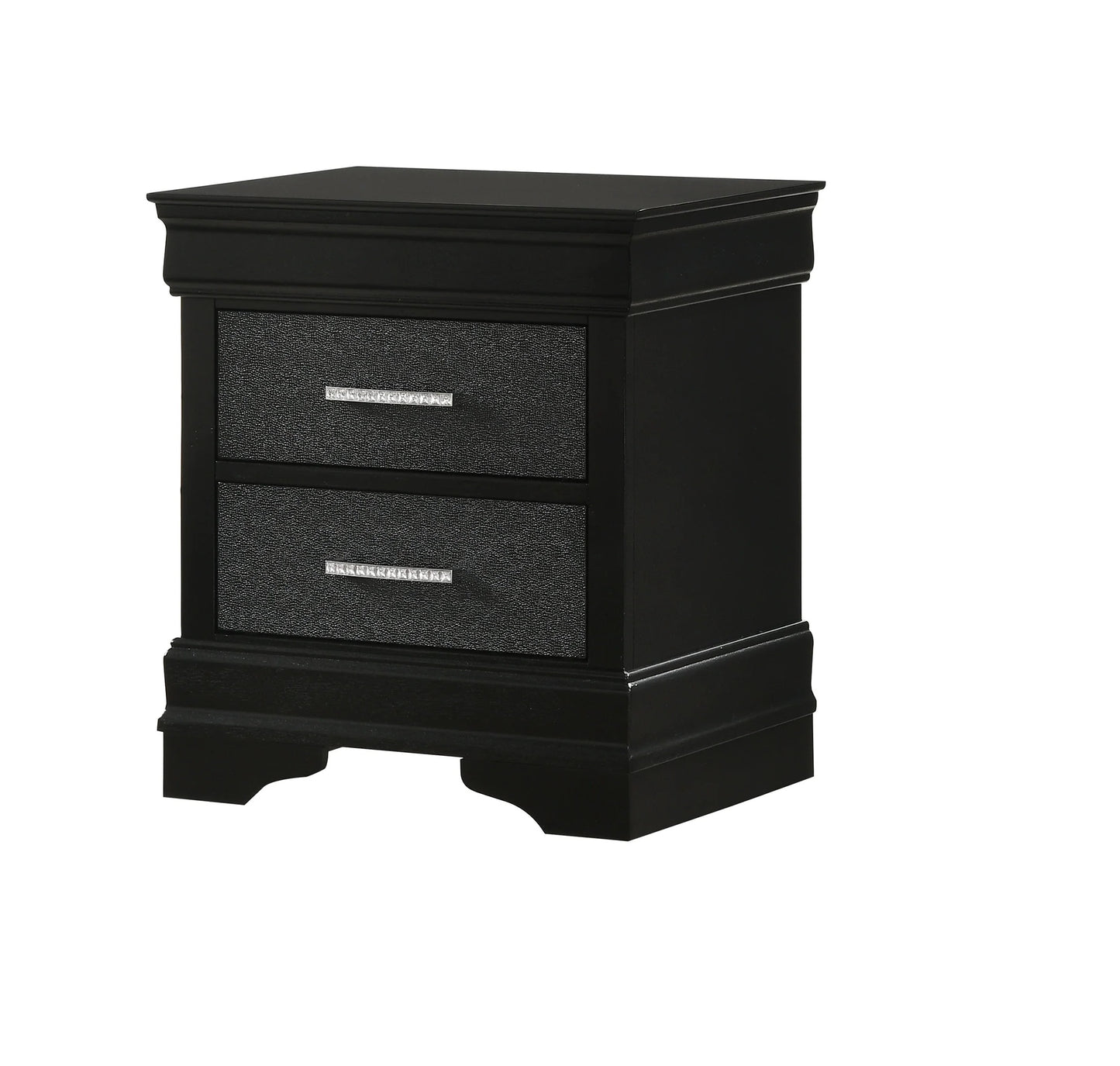 Black bedside table with textured drawers and crystal handles elegant nightstand
