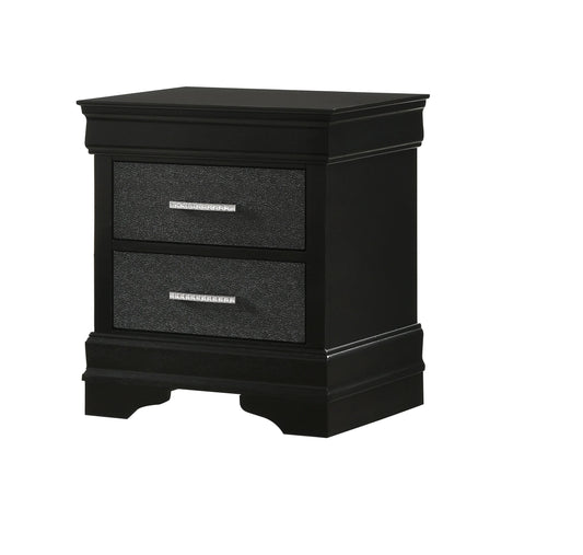 Black bedside table with textured drawers and crystal handles elegant nightstand