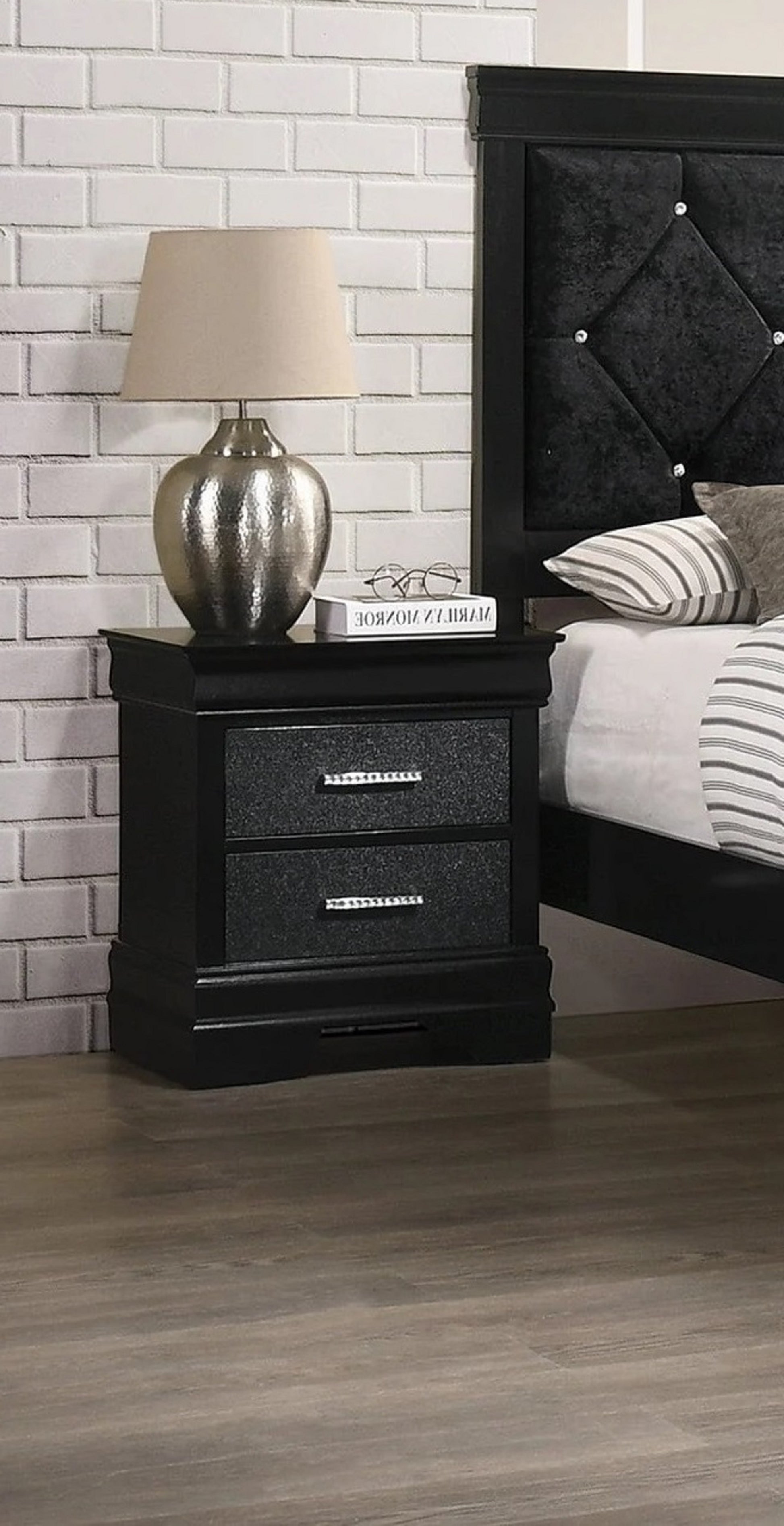 Black mirrored nightstand with crystal drawer pulls perfect for bedroom decor