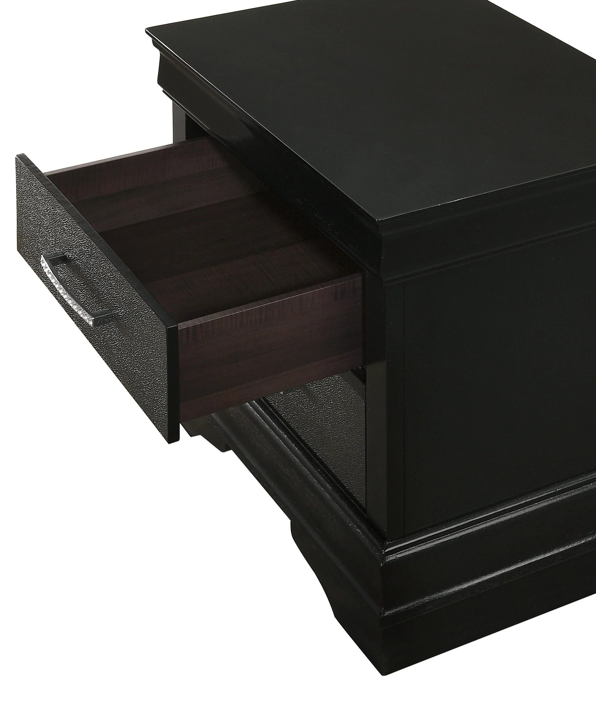 Black wooden nightstand with one open drawer and a silver handle