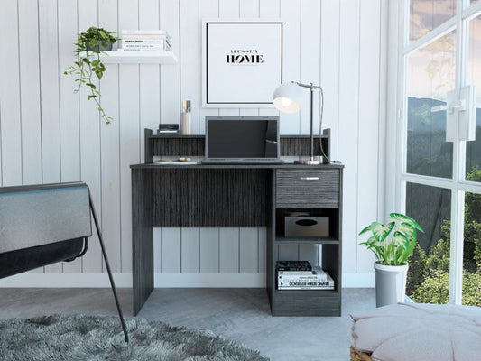 Modern dark wood computer desk with storage shelves and a drawer