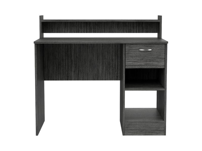 Modern dark grey wood grain writing desk with drawer and open shelving