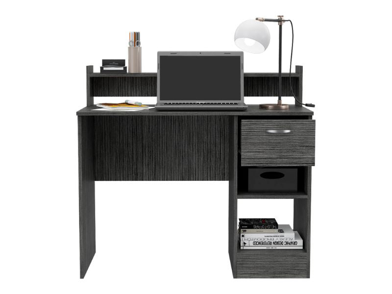 Compact gray wood veneer computer desk with a laptop and lamp