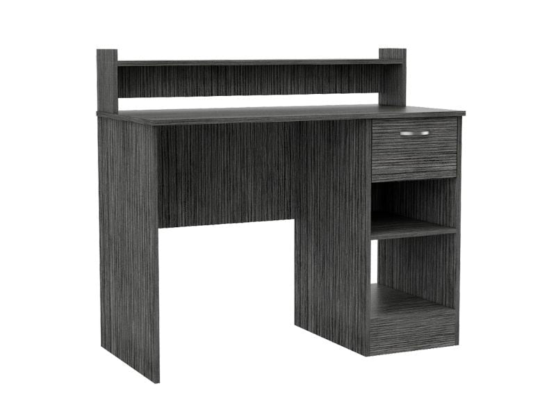 Dark gray wood grain student desk with open shelves and a single drawer