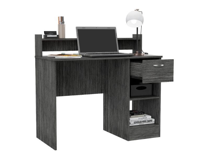 Dark gray wood veneer computer desk with laptop and lamp