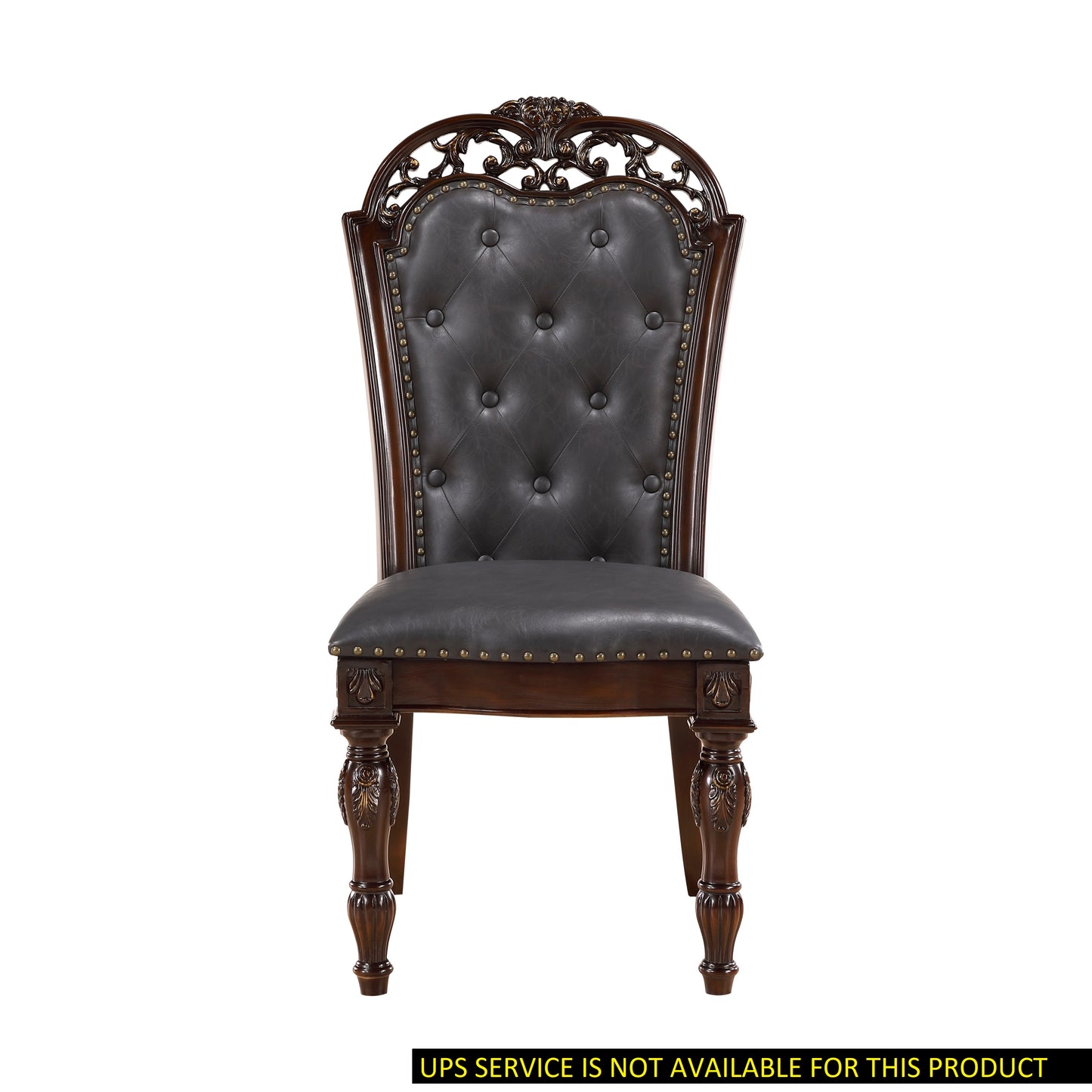 Ornate dark wood dining chair with deep gray tufted leather seat and back