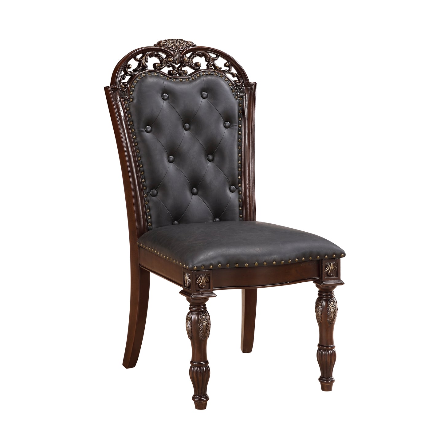 Ornate dark brown leather tufted dining chair with carved wooden frame and brass nailhead trim