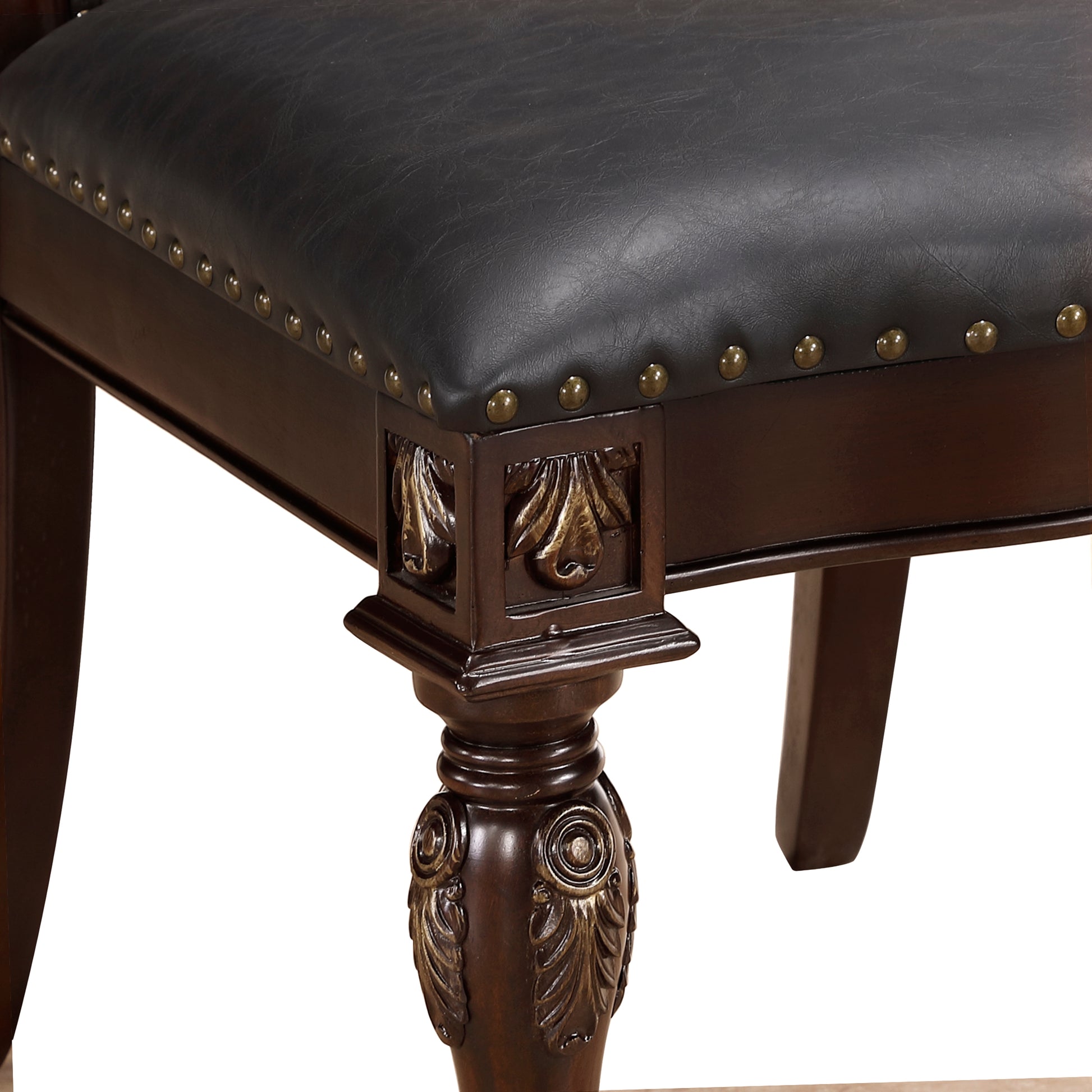 Dark brown faux leather dining chair seat with brass nailhead trim