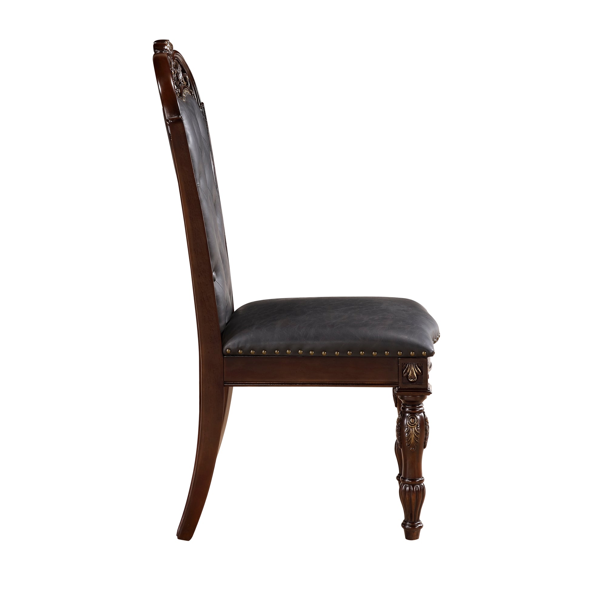 Dark brown carved wood dining chair with black leather upholstery