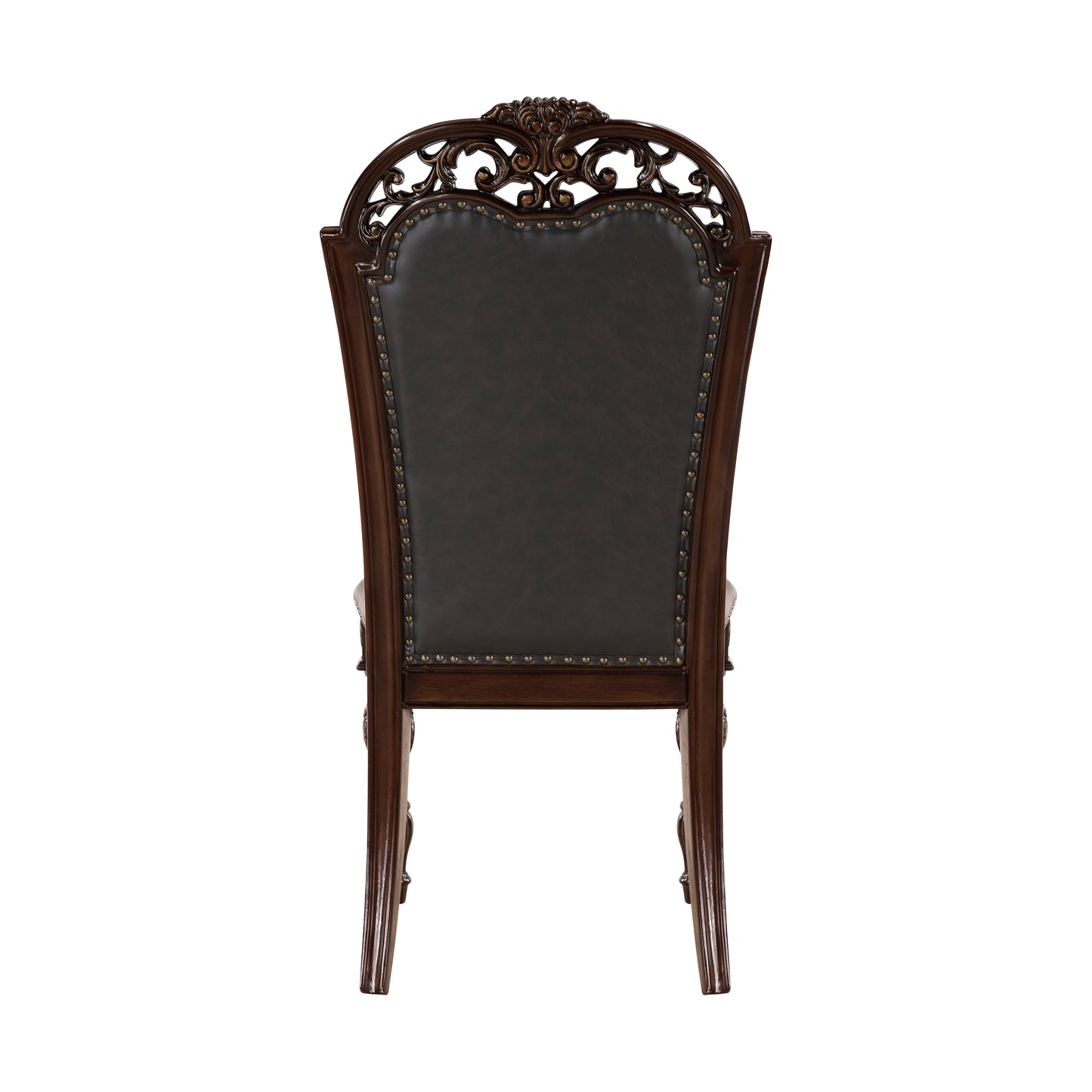 Ornate dark brown wooden chair with upholstered dark leather seat and studded trim