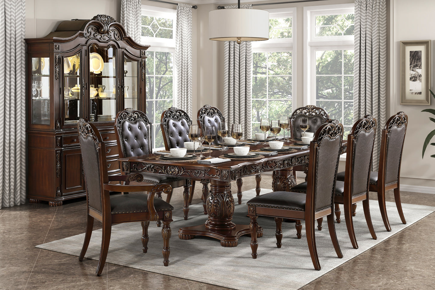 Ornate dark wood dining table with upholstered chairs formal dining room set