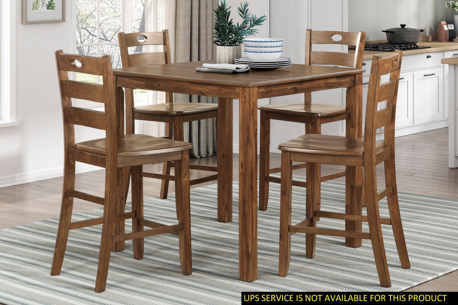 Solid wood bar height table with four matching wooden stools in a warm brown finish perfect for compact dining areas