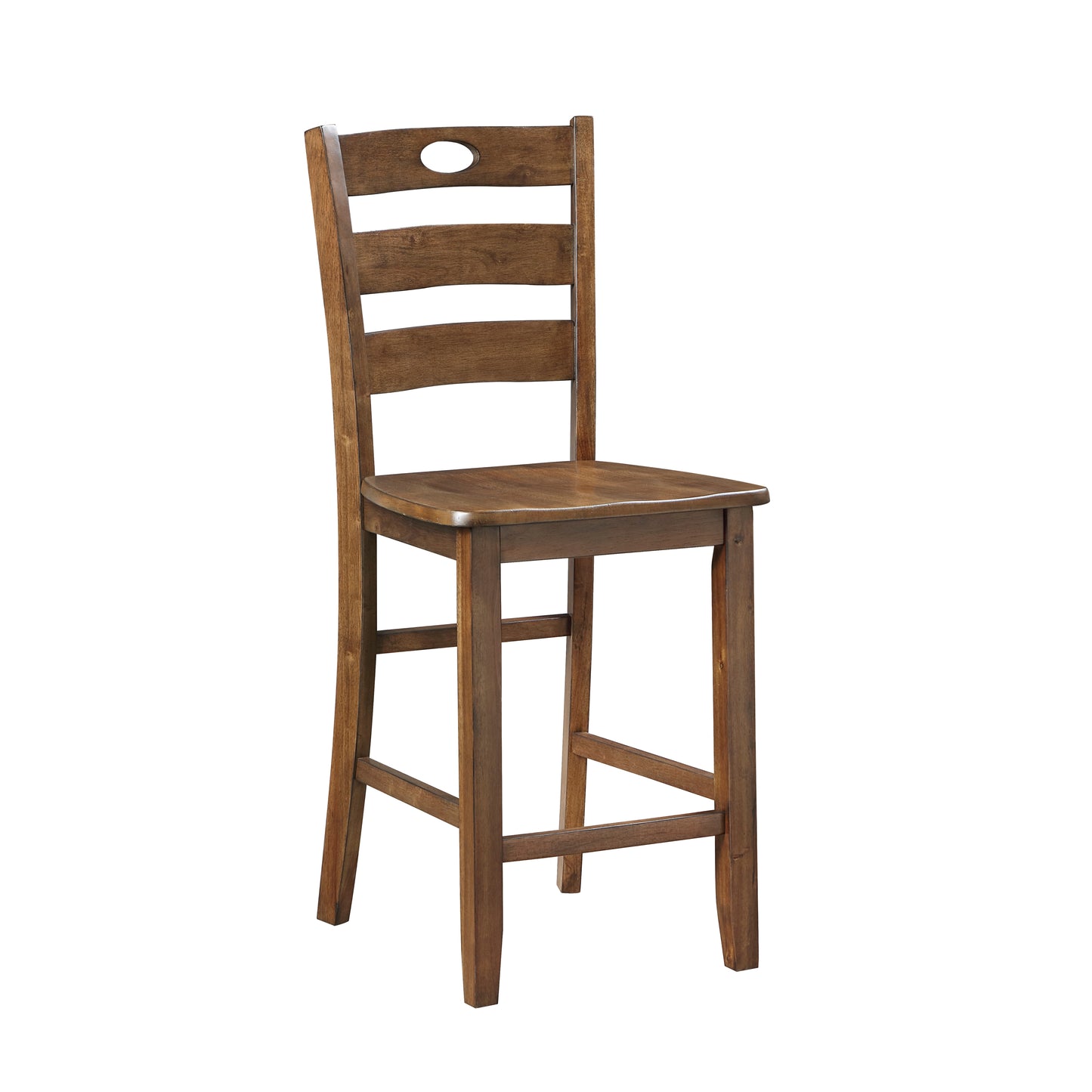 Brown wooden bar stool with horizontal back slats and a circular cutout detail