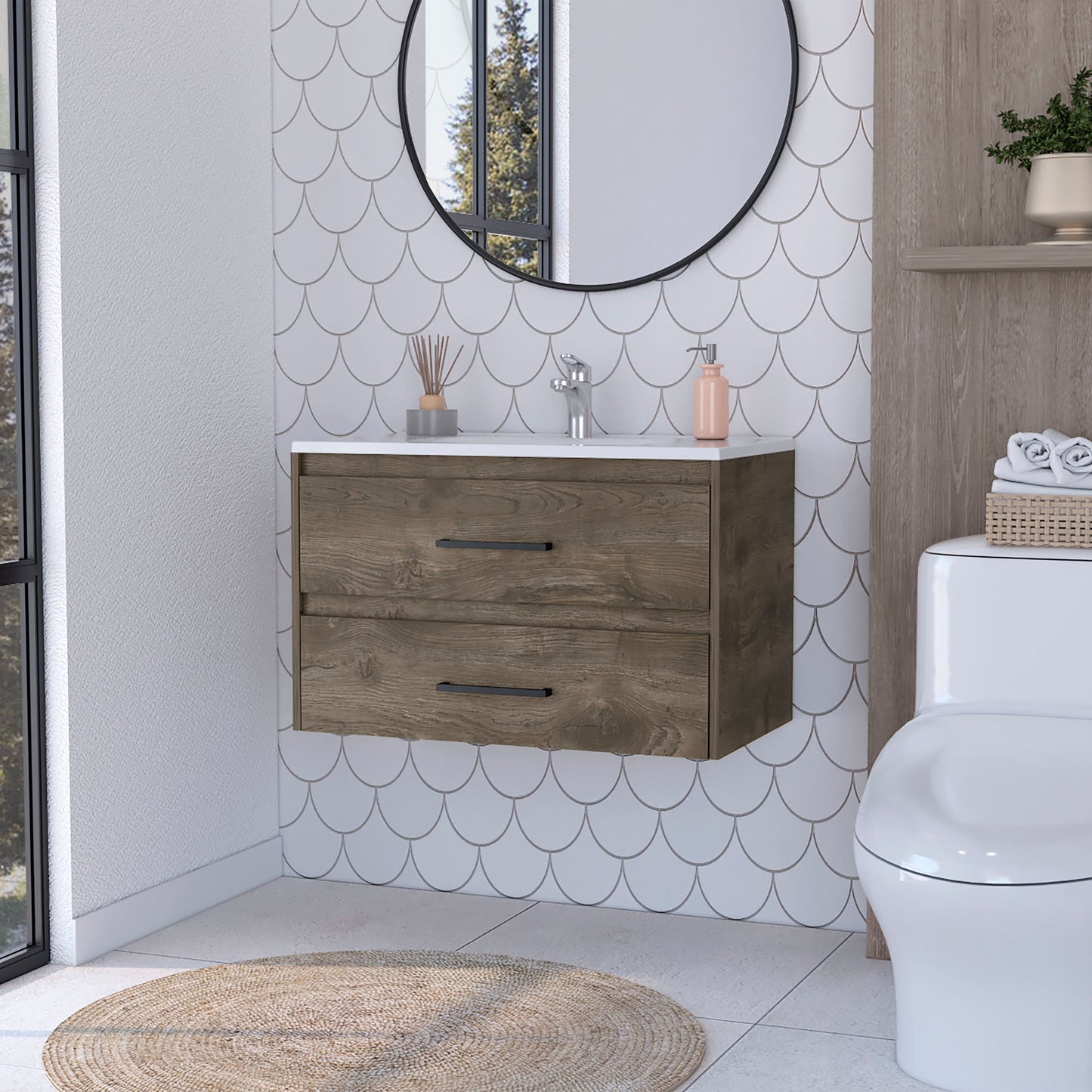 Floating bathroom vanity in dark wood finish with two drawers and black bar pulls