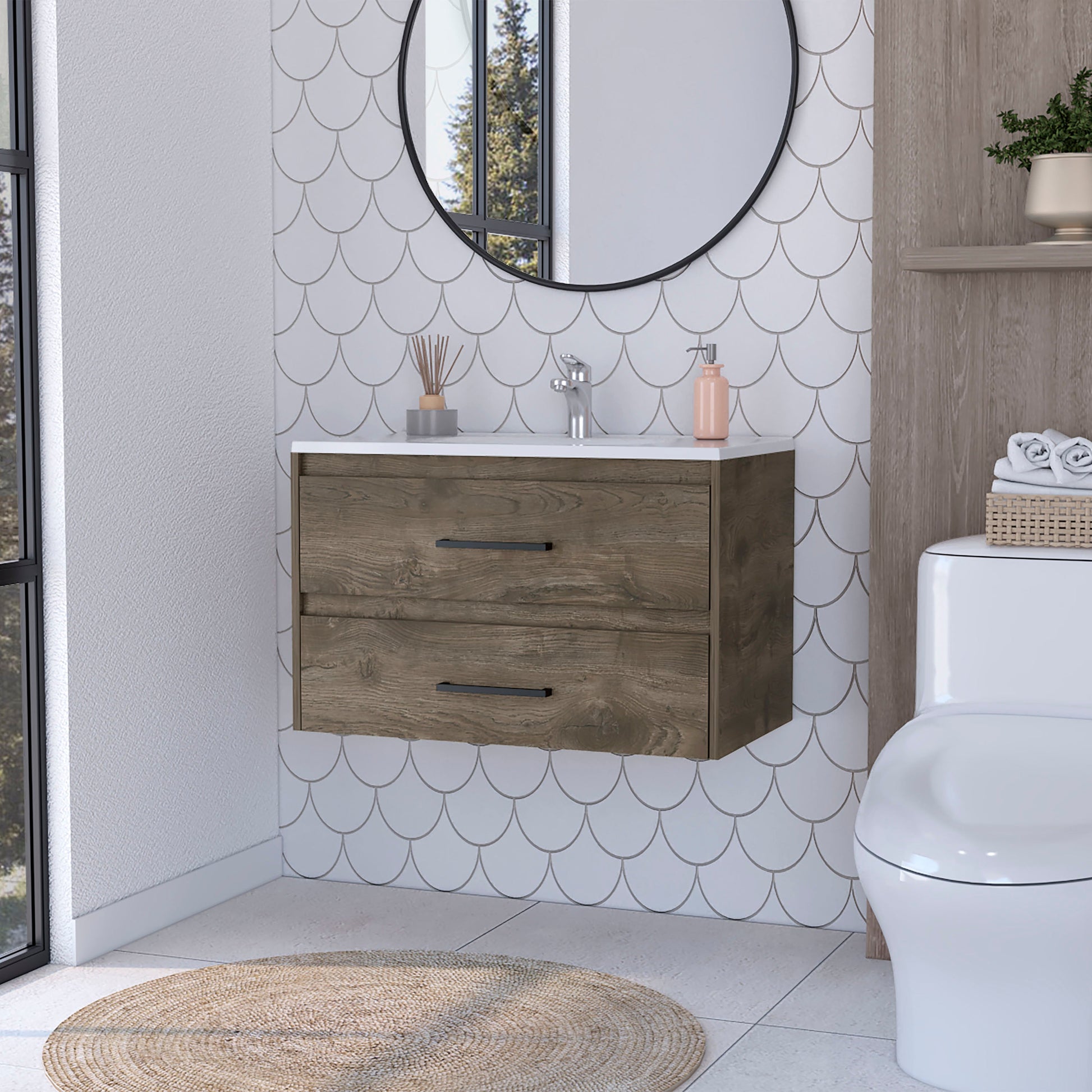Floating bathroom vanity in dark wood finish with two drawers and black bar pulls