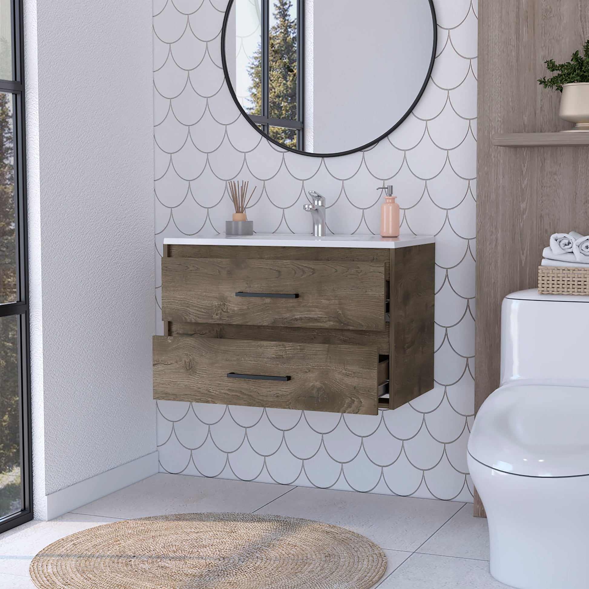 Modern floating vanity with rustic wood finish and two deep drawers for bathroom storage