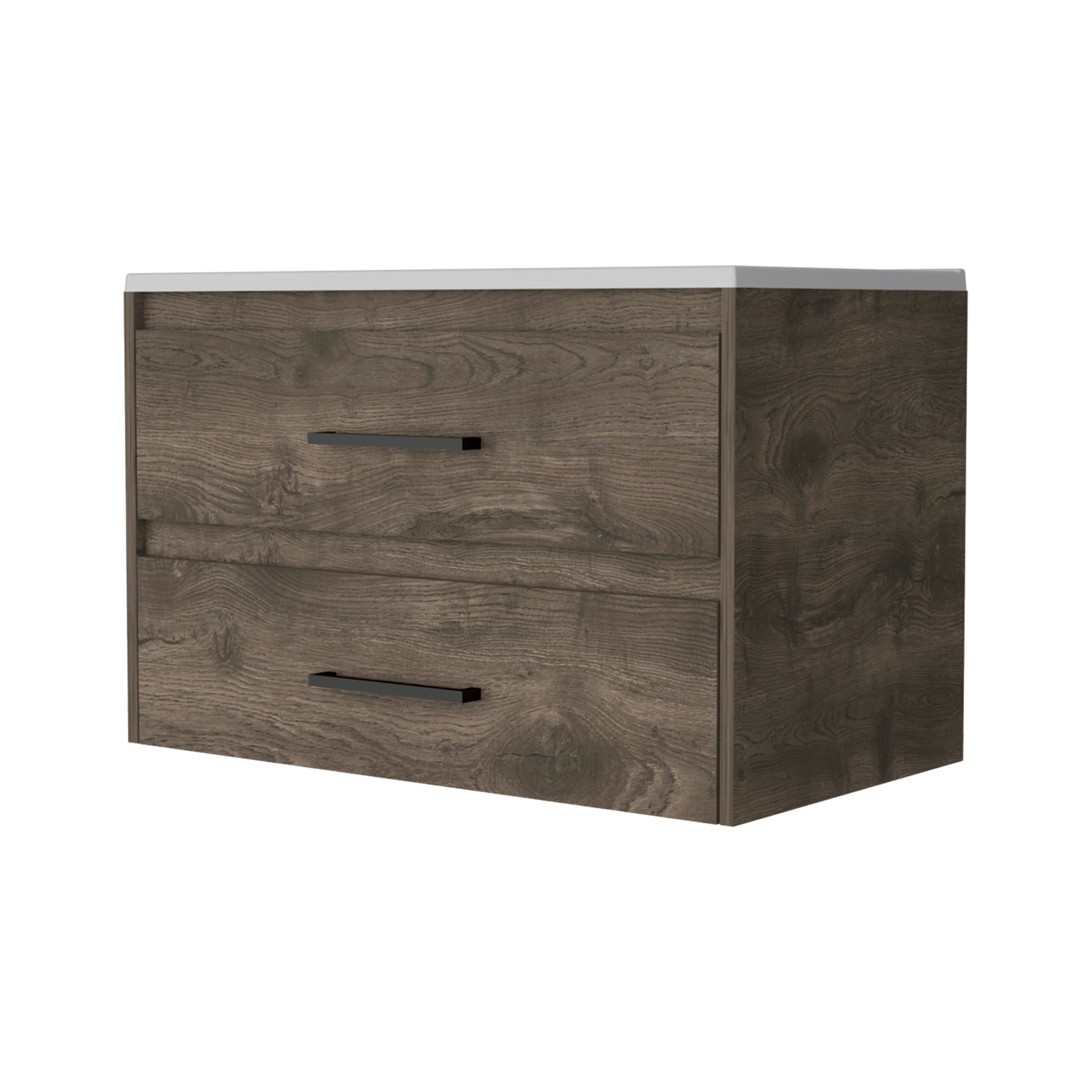Modern brown wood grain vanity cabinet with two drawers and white countertop