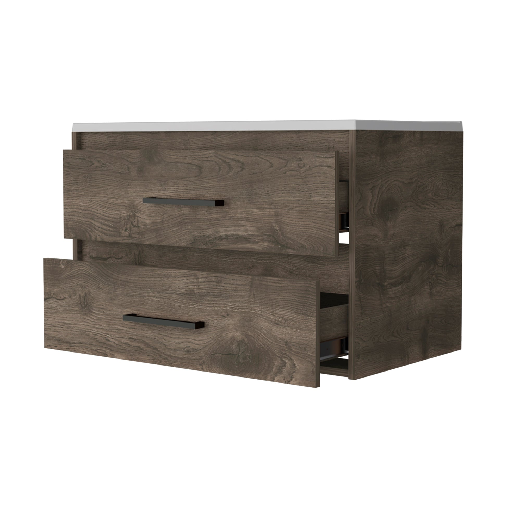 Modern walnut wood grain floating vanity with two drawers and black handles