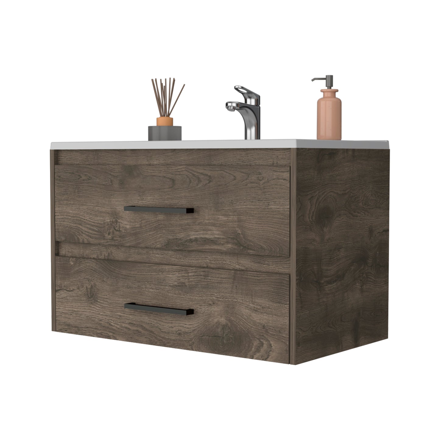 Modern wall mounted vanity with dark wood grain finish and chrome faucet