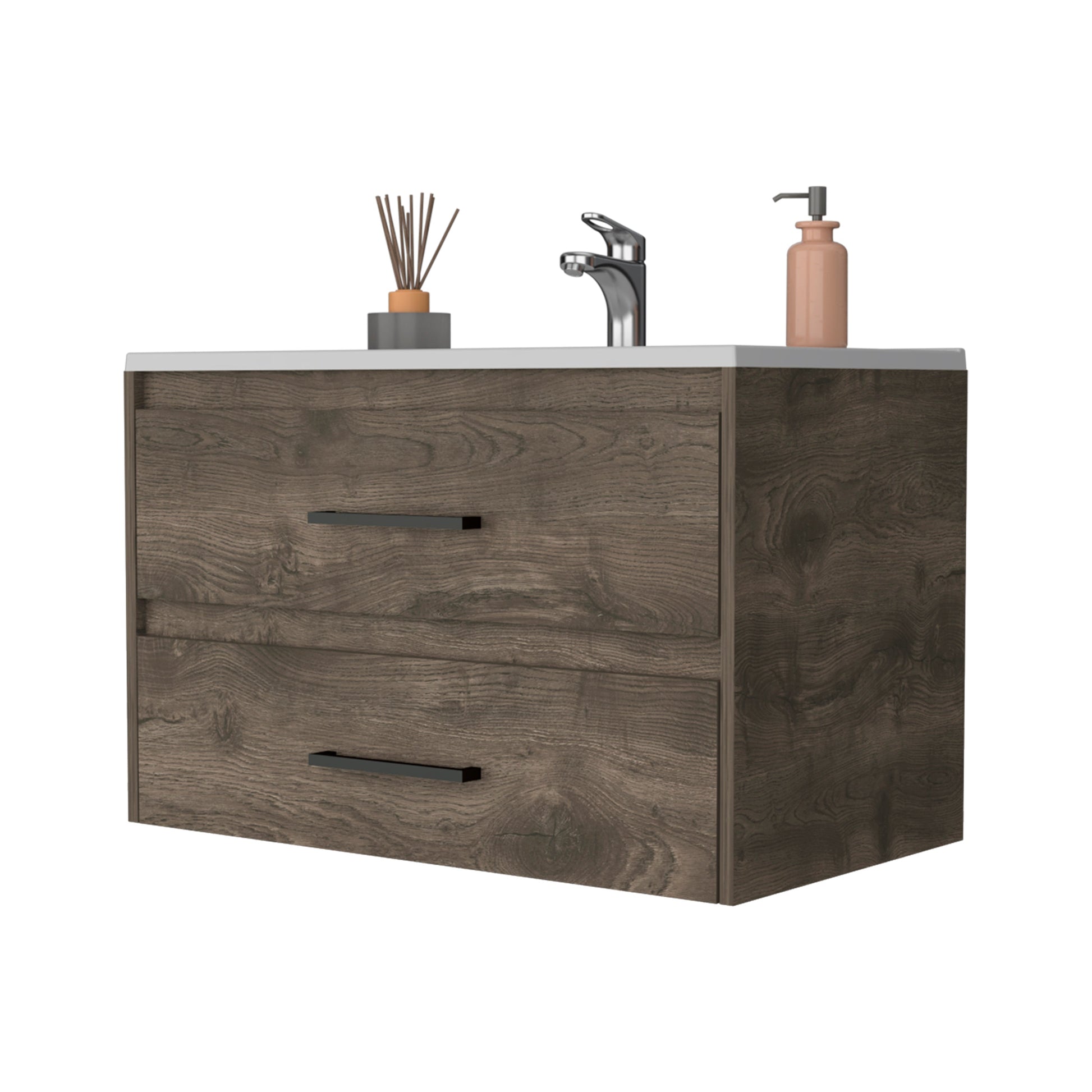 Modern wall mounted vanity with dark wood grain finish and chrome faucet