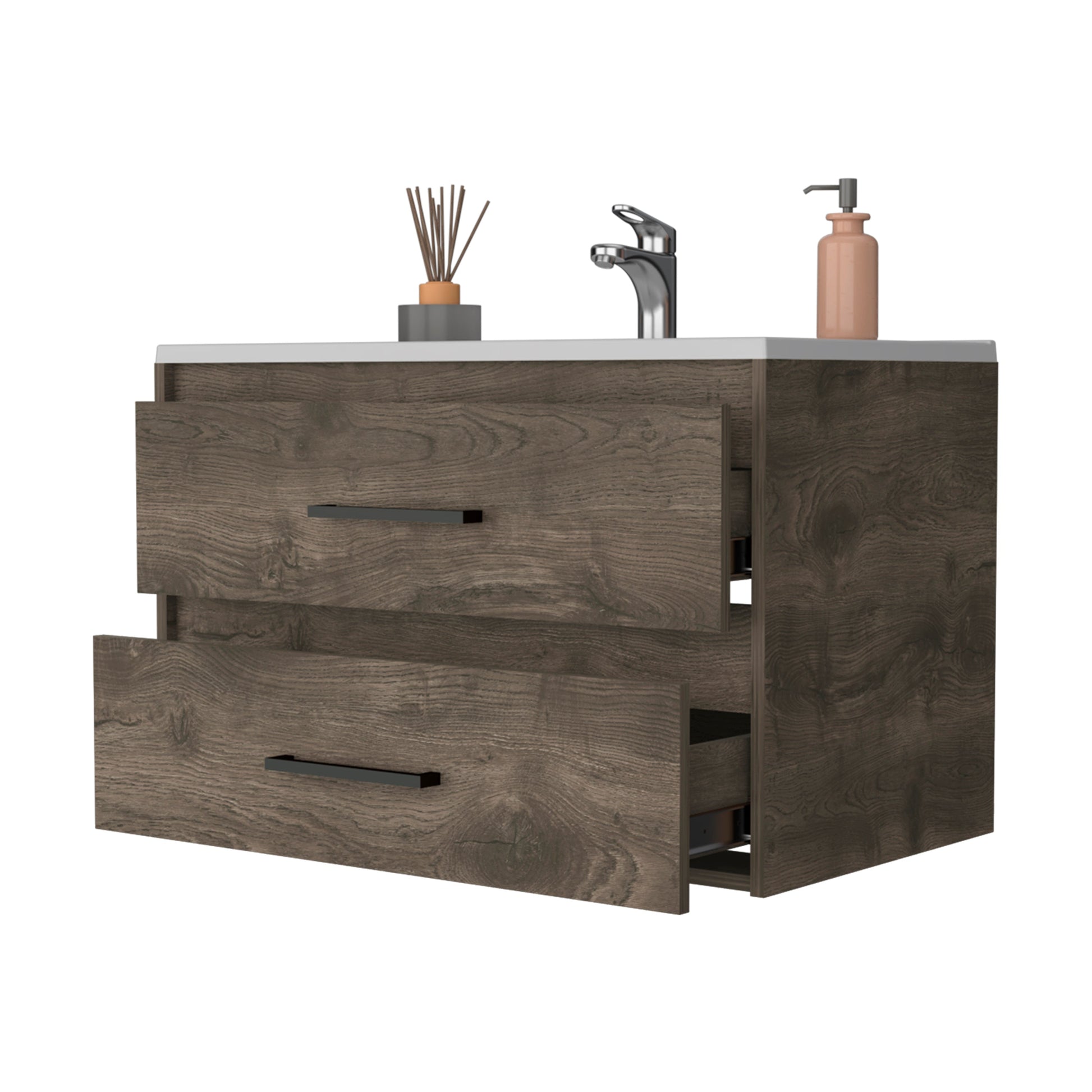 Modern floating bathroom vanity in dark wood finish with two drawers and chrome faucet