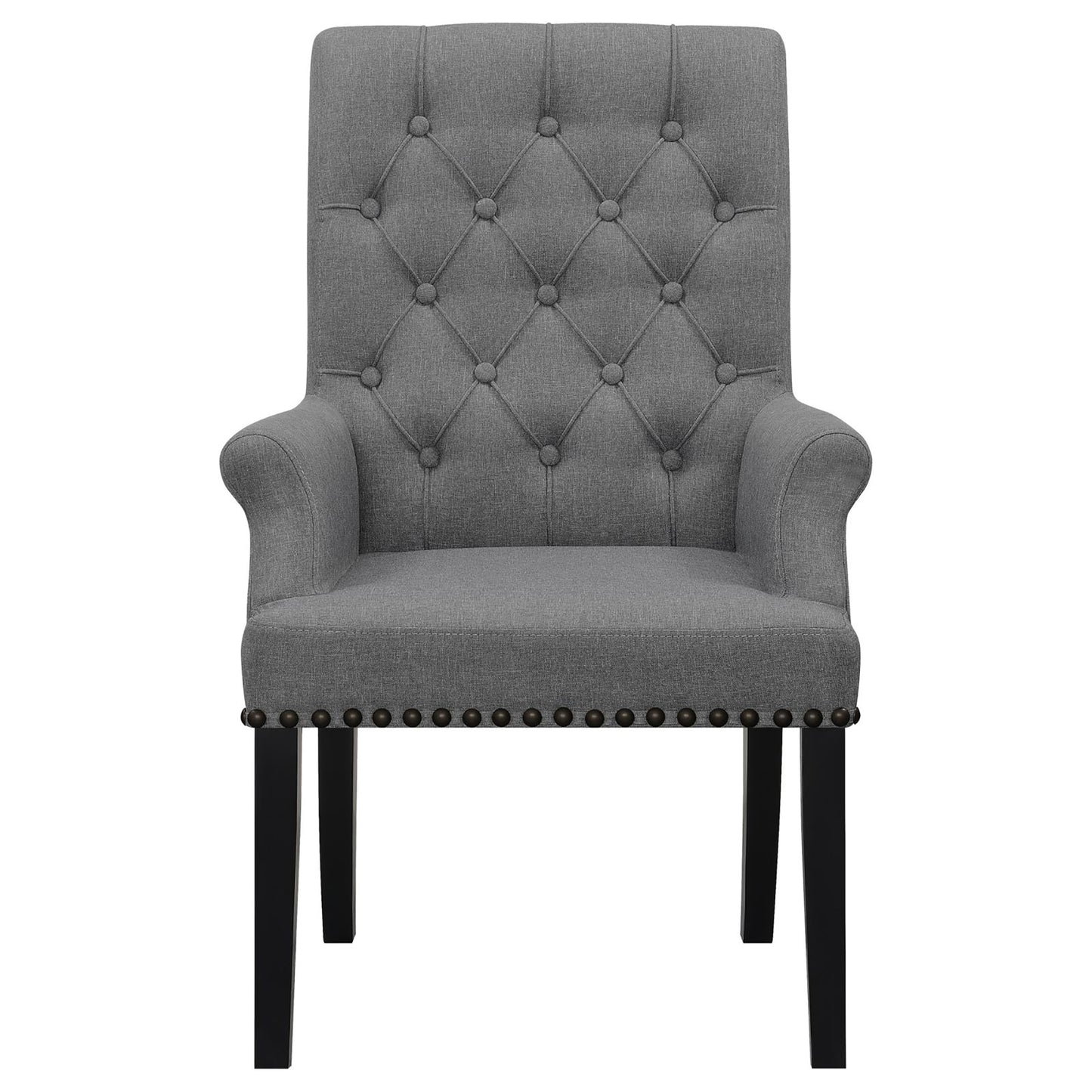 Tufted grey fabric armchair with button accents and brass nailhead trim on black legs