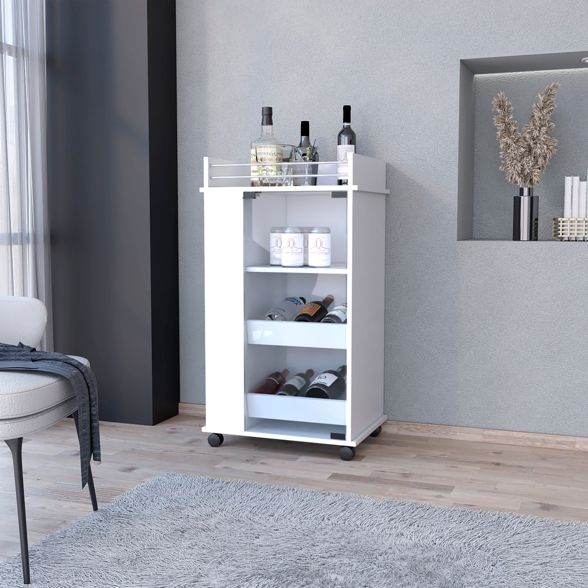 White rolling bar cart with bottle storage perfect for entertaining guests