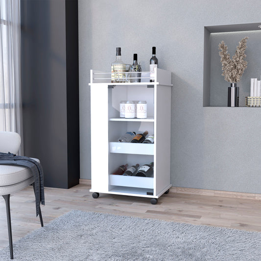 White rolling bar cart with bottle storage perfect for entertaining guests