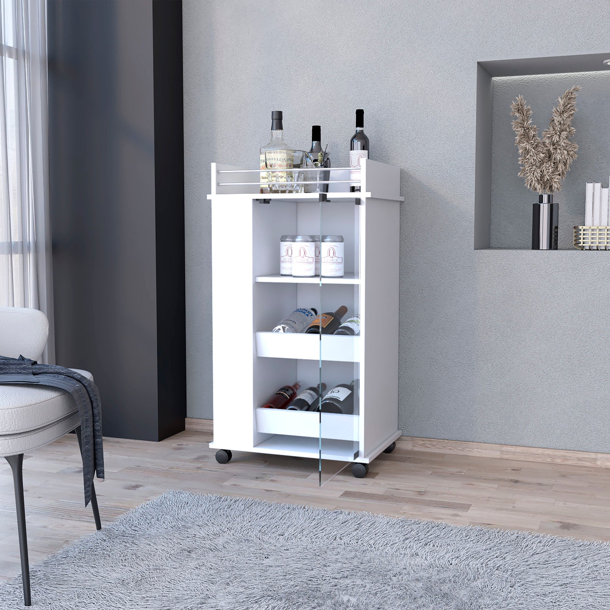White bar cart with glass doors storing wine bottles and cans
