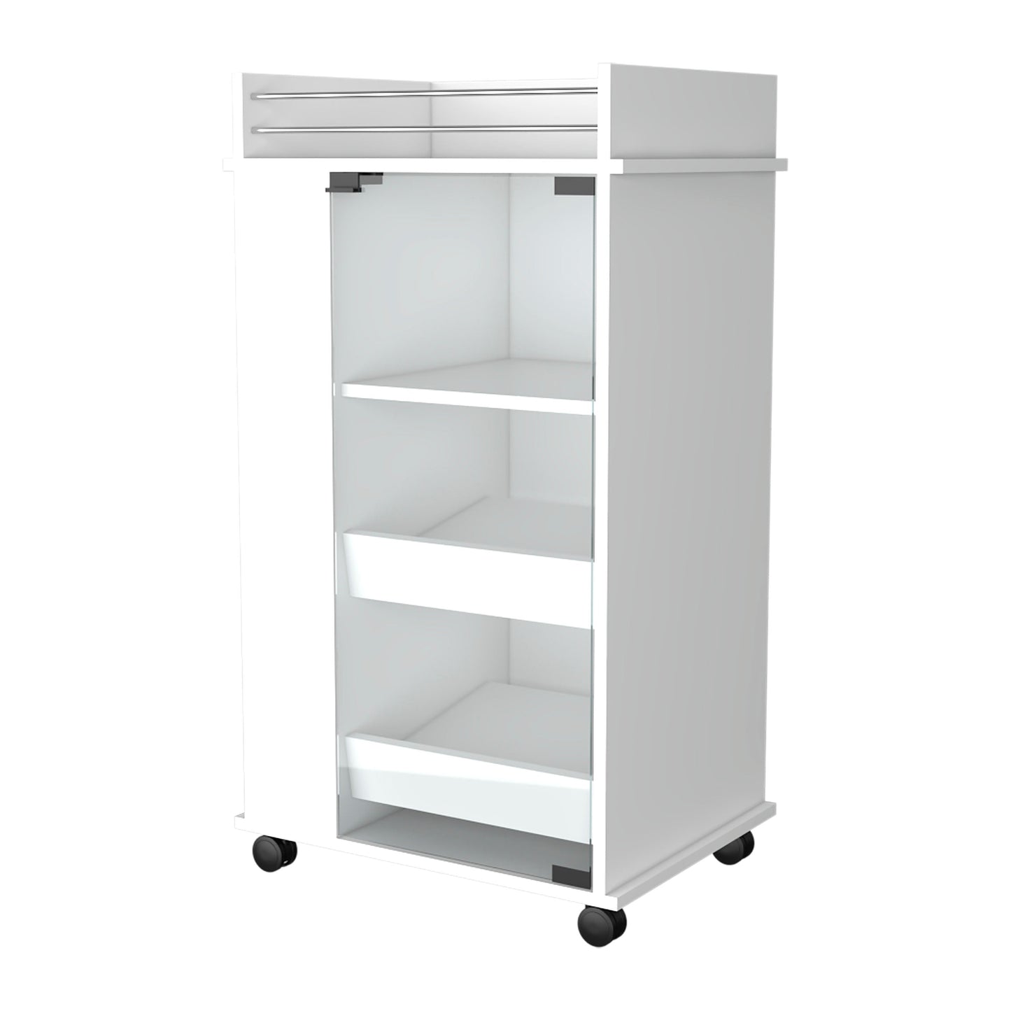 White salon trolley with three shelves and two drawers on casters