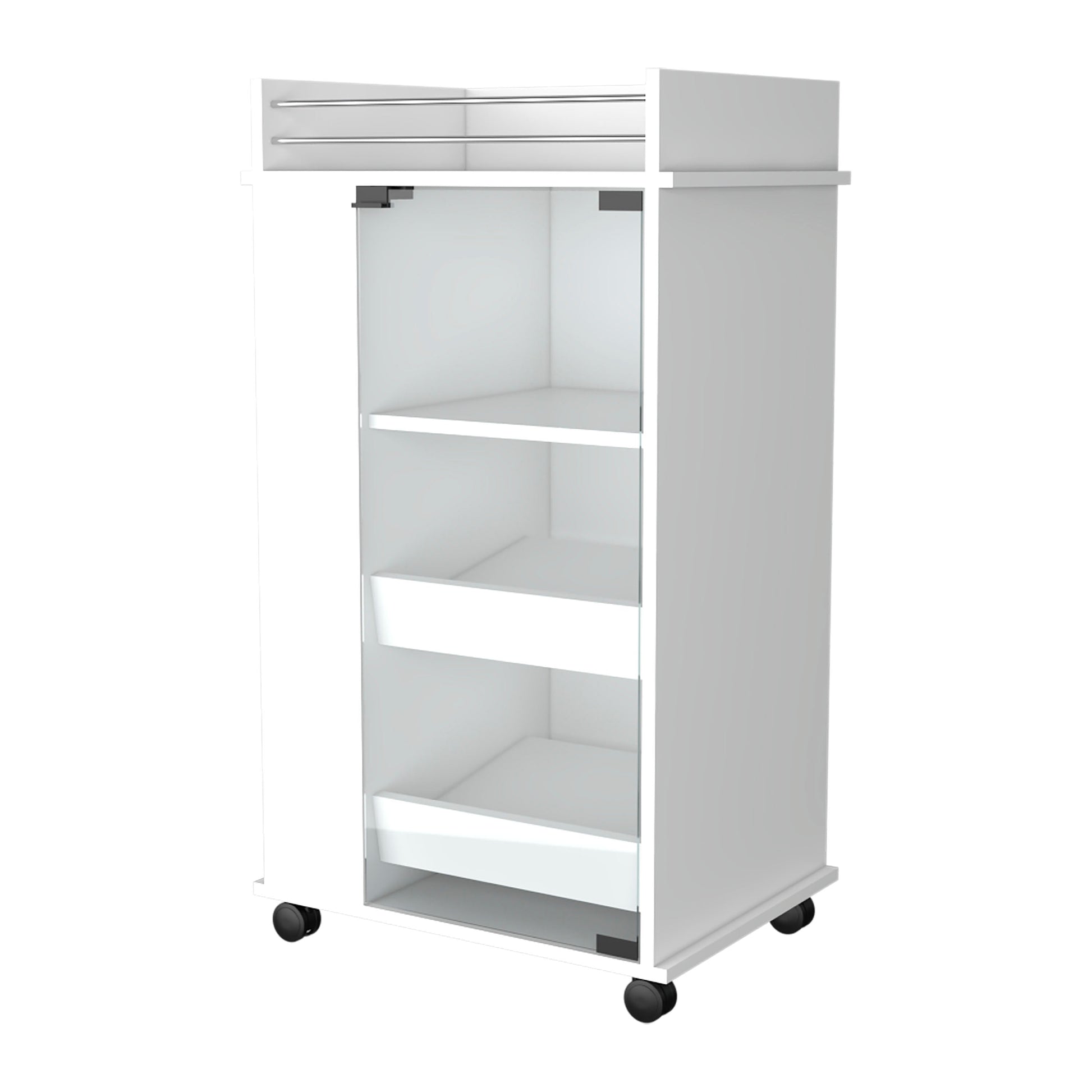 White salon trolley with three shelves and two drawers on casters