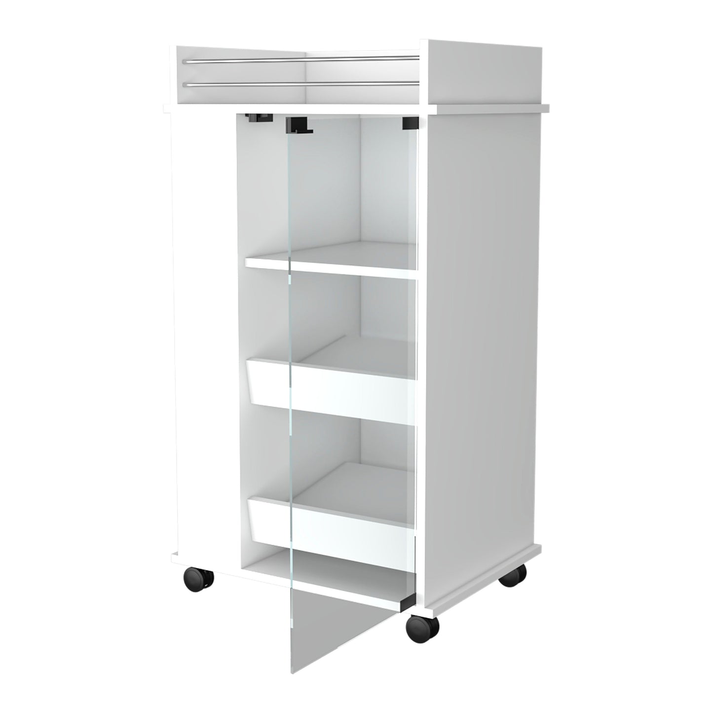 White rolling beauty cart with glass door and three shelves