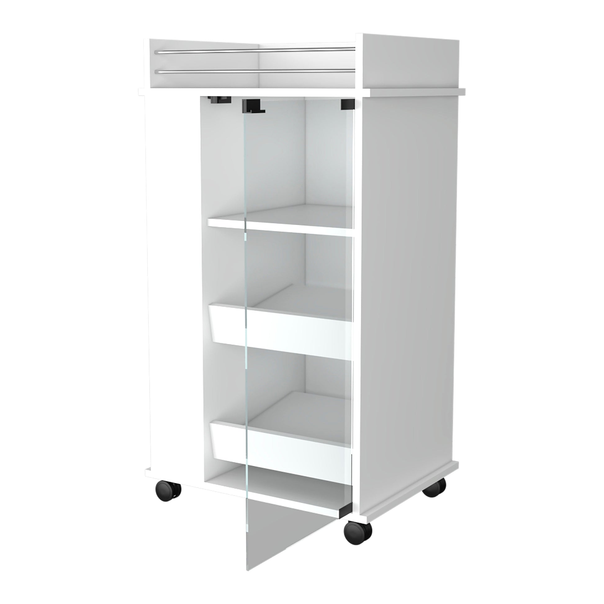 White rolling beauty cart with glass door and three shelves