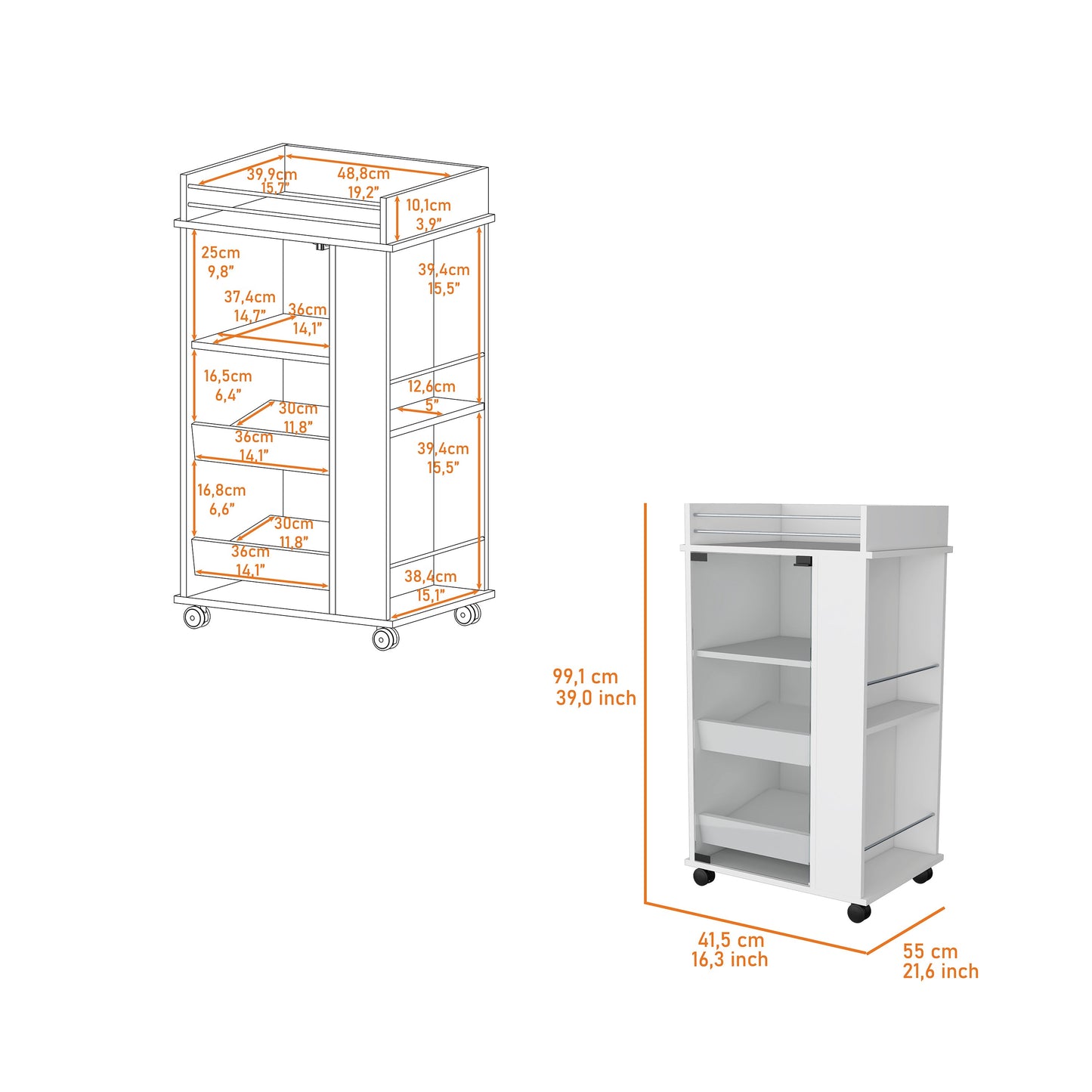 White mobile trolley with  shelves and chrome rails ideal for salon use