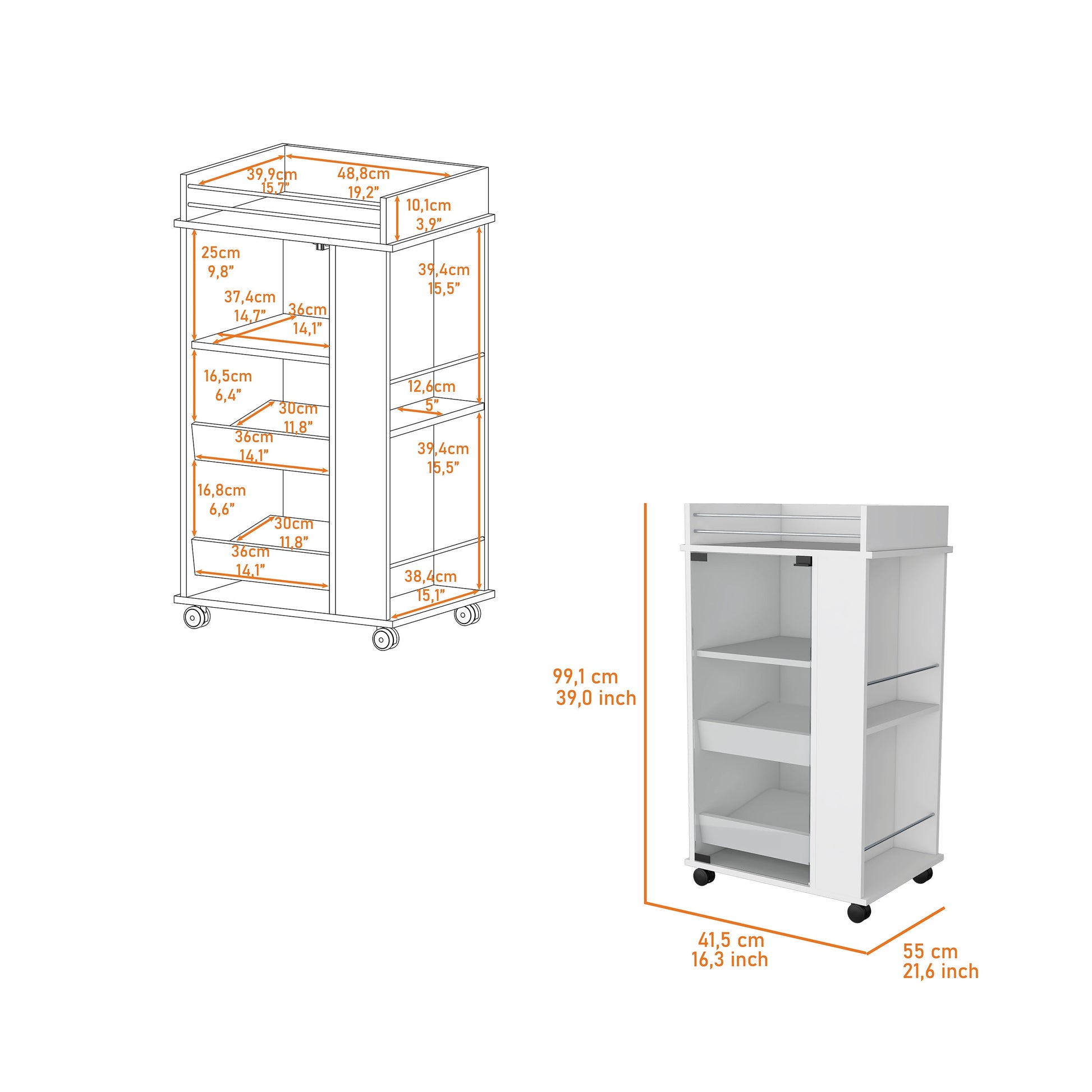 White mobile trolley with  shelves and chrome rails ideal for salon use