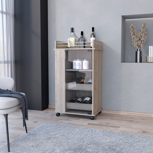 Modern rolling bar cart in light wood grain with silver accents holding bottles and cans