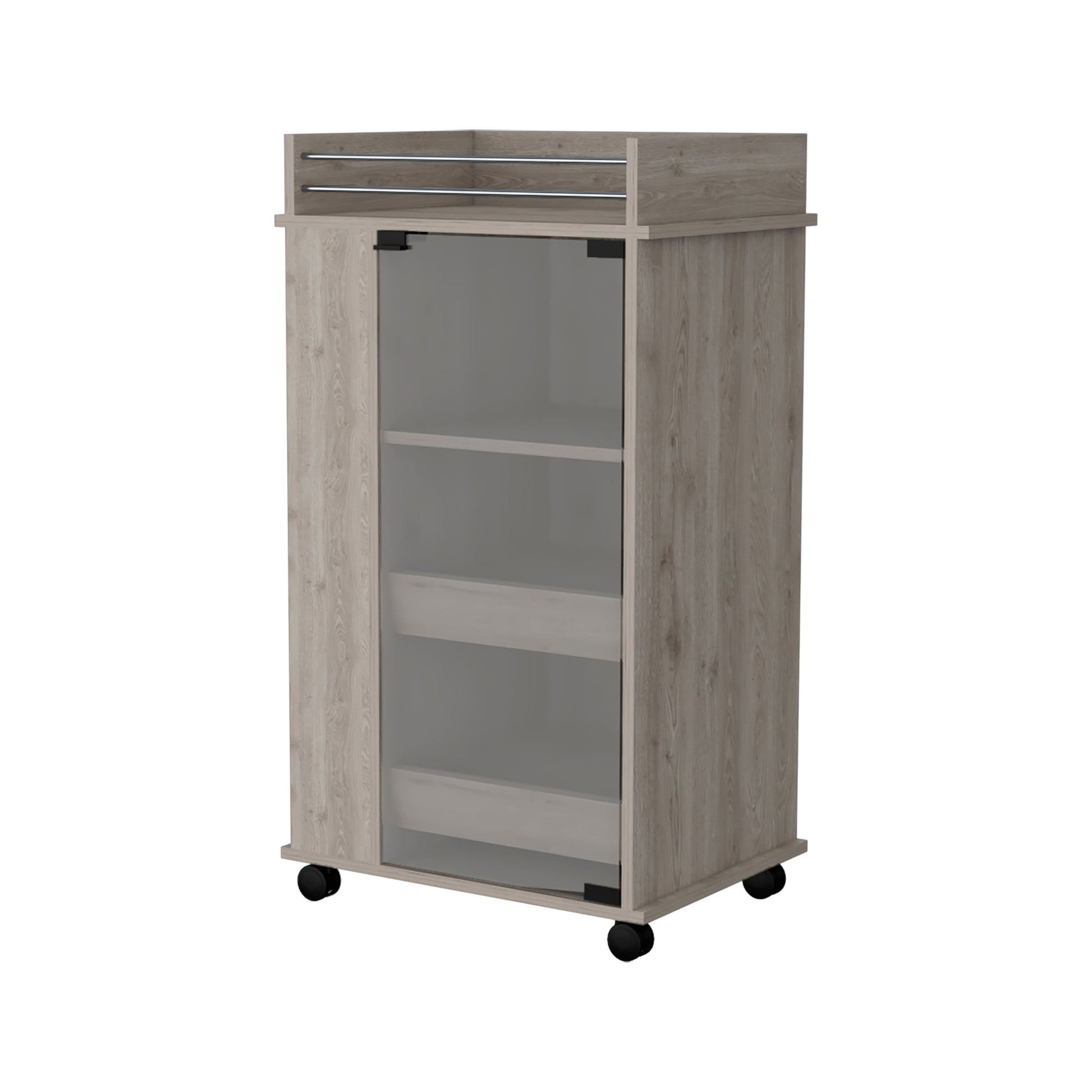 Rustic wood veneer kitchen cart with glass door and interior shelves on black casters