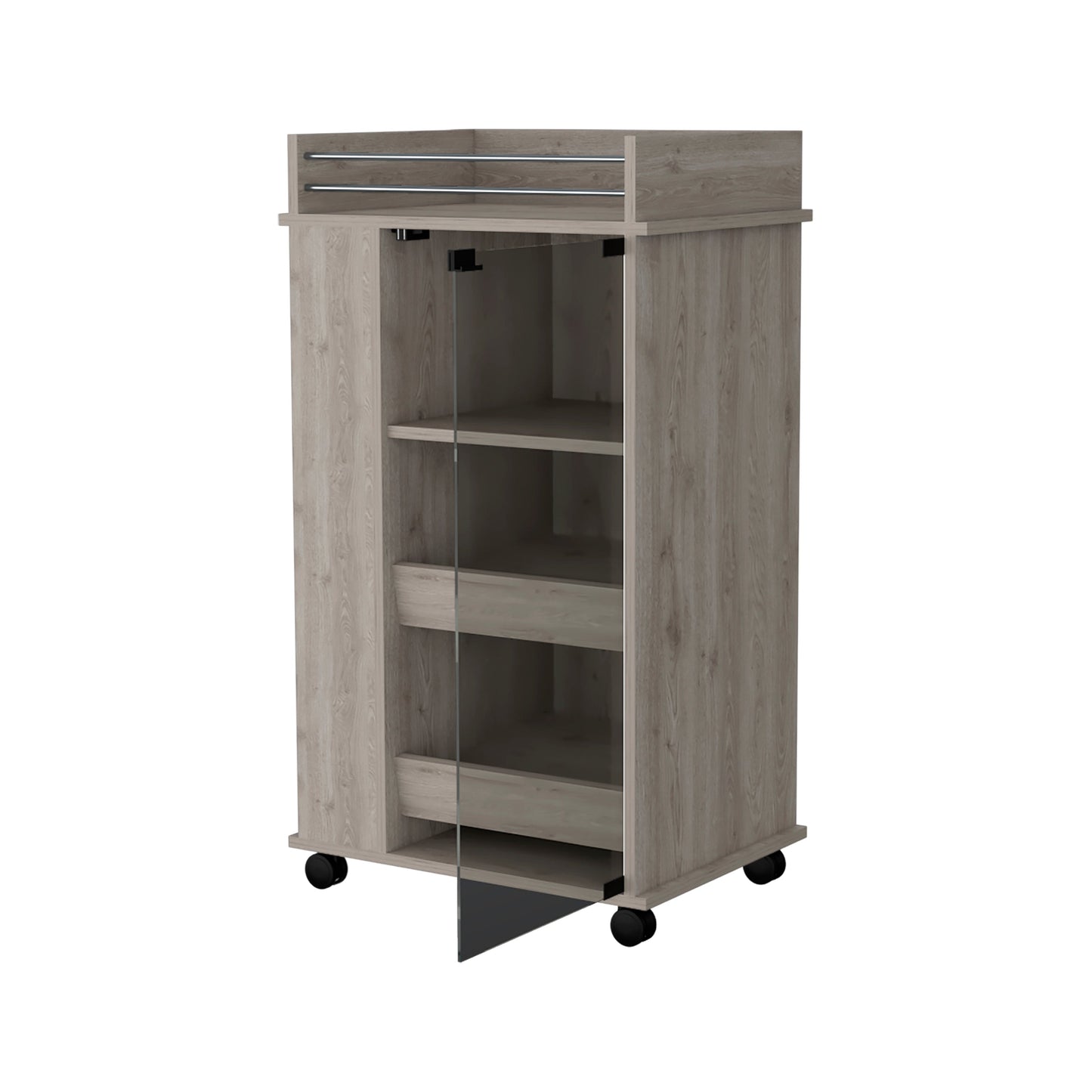 Light oak mobile storage cabinet with glass door and metal handles ideal for kitchen organization